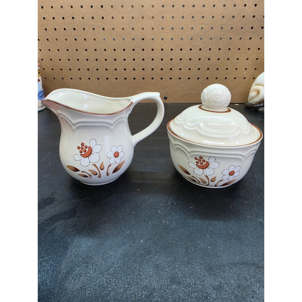 Cumberland Mayblossom Stoneware Cream and Sugar Set Vintage Japan Floral Brown